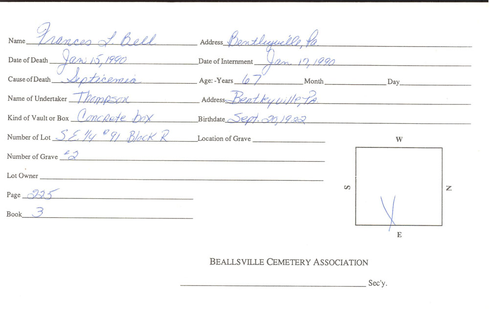 Frances L. Bell  burial card